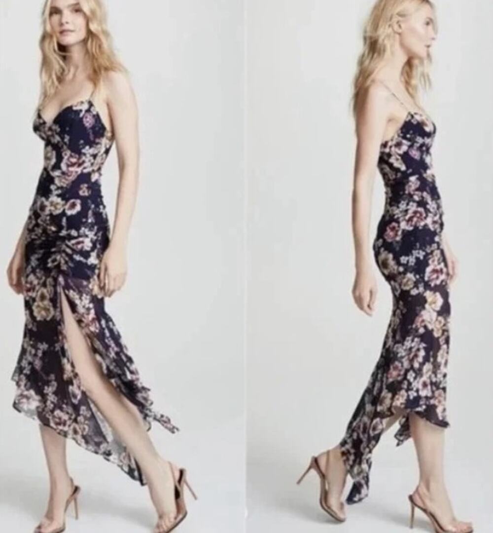 Nicholas Sz 4 Garden Rose Drawstring 100% Silk Navy Blue Floral Midi Dress